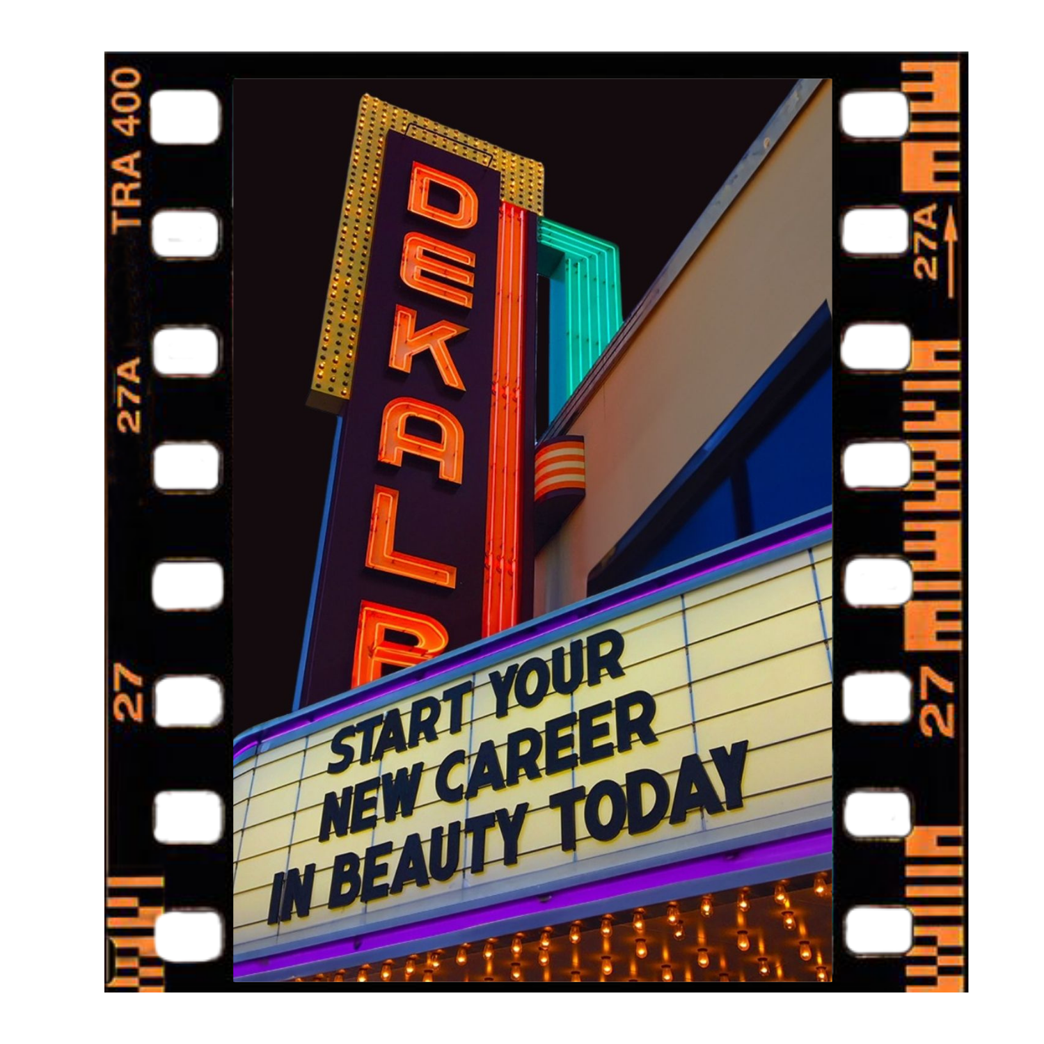 Start your new career in beauty today message on a theater marquee style graphic.